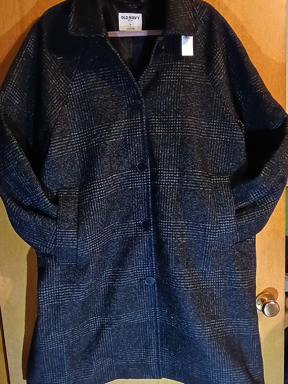NEW WITH TAGS Old Navy Women's Black Plaid Relaxed Button Front Mac Coat Sz XL